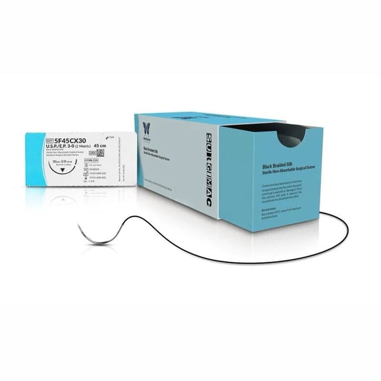House Brand 3/0 Silk Black Braided Non-Absorbable Suture, 18" with Reverse-Cutting 3/8 Circle Needle, Box of 12 - House Brand 3/0, 18" Silk Black Braided non-absorbable suture - Image 1