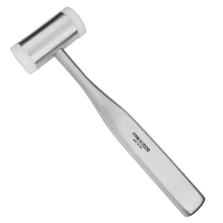 Surgimac Pro Series 18cm Stainless Steel Surgical Mallet with Teflon Head, 1/Pk - Pro Series 18cm Stainless Steel Surgical Mallet, 1/Pk. Features a Teflon head that absorbs shock during percussive surgical procedures, reducing vibration transmitted to the surgeon's hand. - Image 1