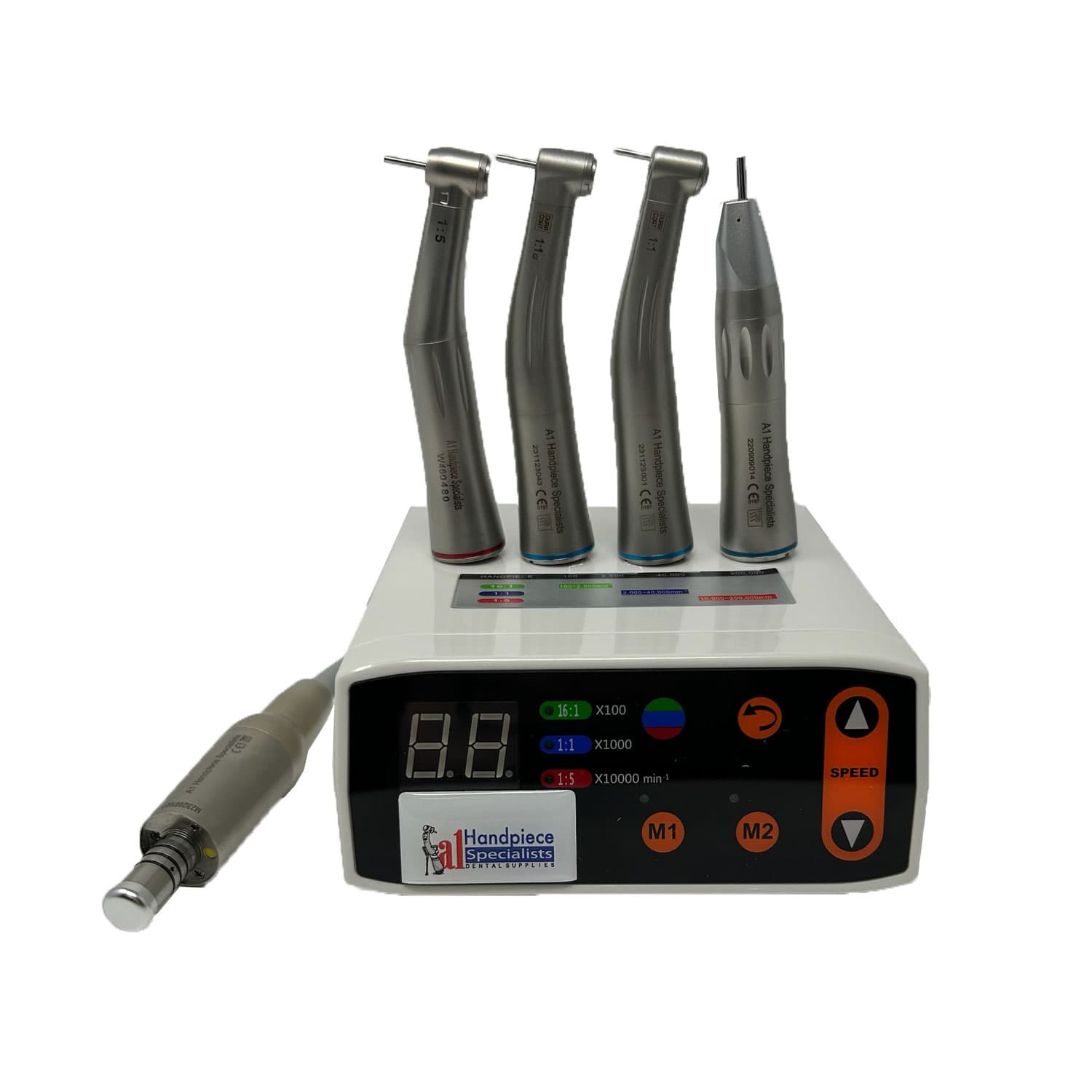 A1 Handpiece Specialists Complete Electric Motor System with 4 Handpieces (Straight Nosecone, 1:1 Latch Bur, 1:5 and 1:1 Friction Grip Contra Angles) - A1 Handpiece Specialists Complete Electric Motor System w/ 4 handpieces - Image 1