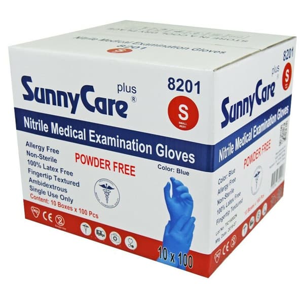 SunnyCare Plus Nitrile Examination Gloves, Small, Powder-Free, Blue, 1000/Case (10 Boxes of 100) - SunnyCare Plus Nitrile Examination Gloves, Small, Powder-Free, Blue, 1000/Case. - Image 1