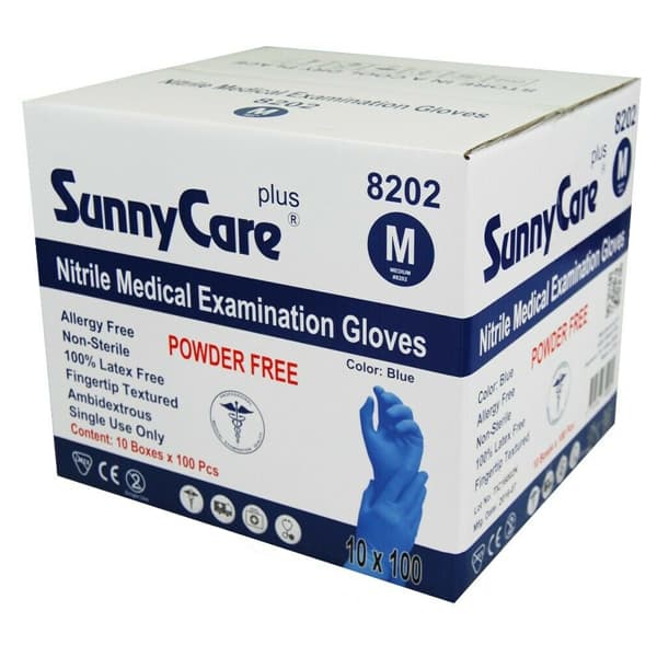 SunnyCare Plus Nitrile Examination Gloves, Medium, Powder-Free, Blue, 1000/Case - SunnyCare Plus Nitrile Examination Gloves, Medium, Powder-Free, Blue, 1000/Case. - Image 1