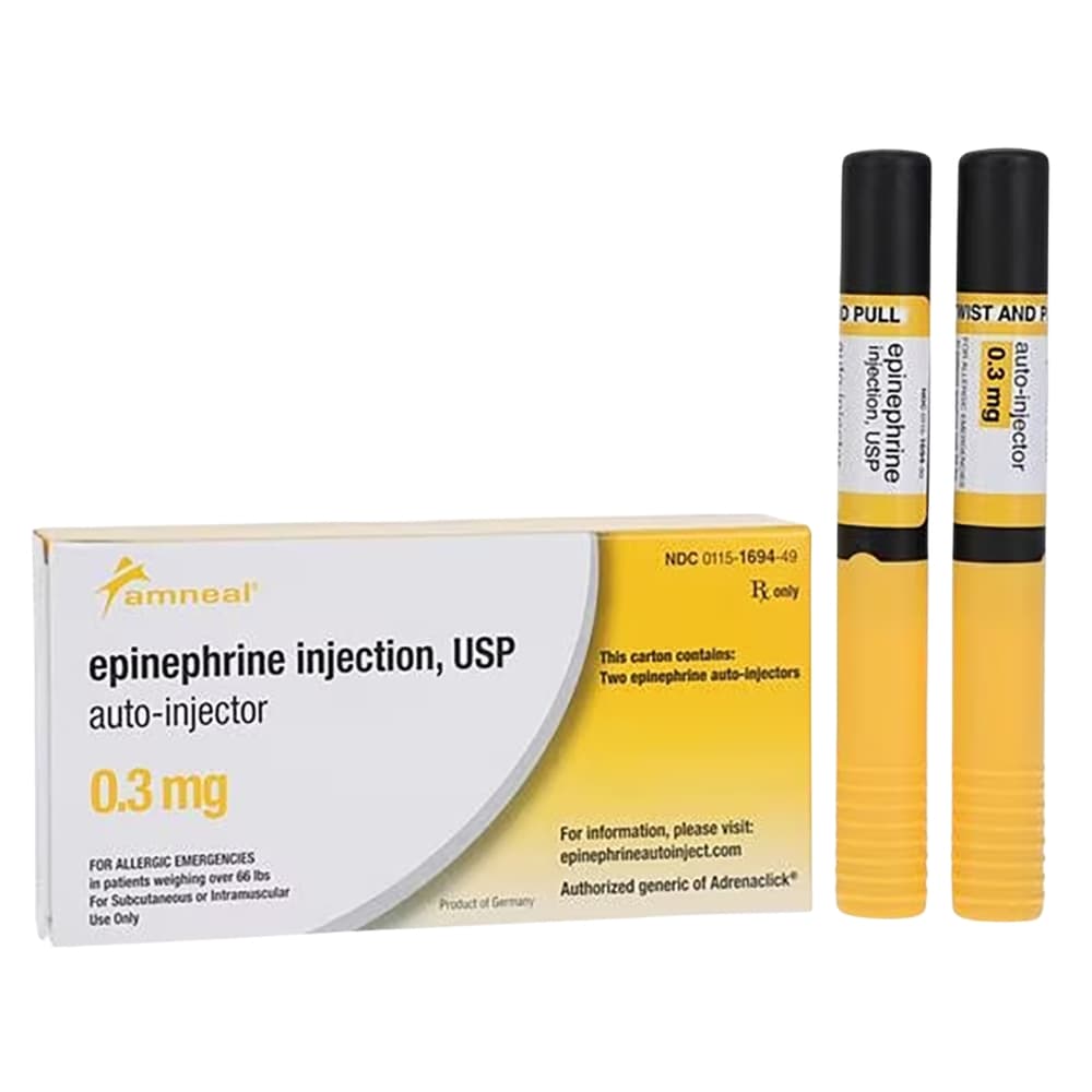 Epinephrine 0.3 mg Auto-Injector, 0.3 mL Single-Dose Injection (Amneal, MCK# 1059742) - Alpha- and Beta-Adrenergic Ago - Image 1