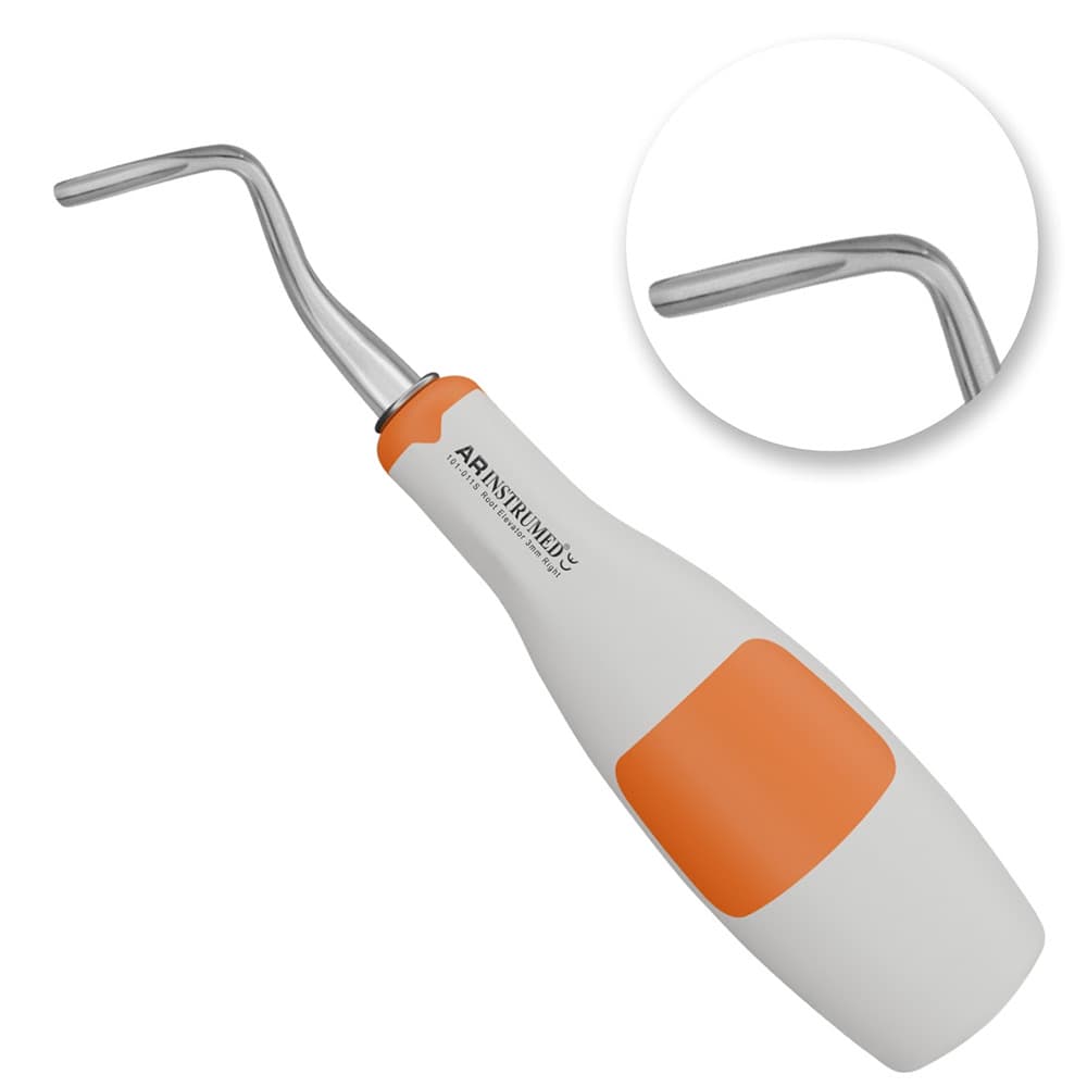 AR INSTRUMED Apical Root Extraction Elevator, 3mm Right Curved, German Stainless Steel, Silicone Soft Grip Handle, Autoclavable, 1/Pk - AR Autoclavable Silicone Dental Apical 303 3mm Right Curved Root Extraction Elevator, German Stainless Steel, Tooth Extracting INSTRUMEDnt, Red Soft Grip, Root Separation Elevator - Image 1