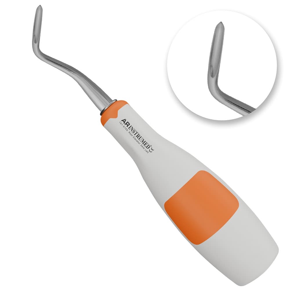 AR Instrumed Flohr Root Elevator, 3mm Left Curved Tip, Stainless Steel, Silicone Handle, 1/Pk - AR INSTRUMED Dental Flohr Root Elevator, Medical Grade Stainless Steel Tooth Extraction Dentistry INSTRUMEDnt, Bein 3mm Left Curved Tip, Soft Silicone Green Handle, Root Separation Elevator - Image 1
