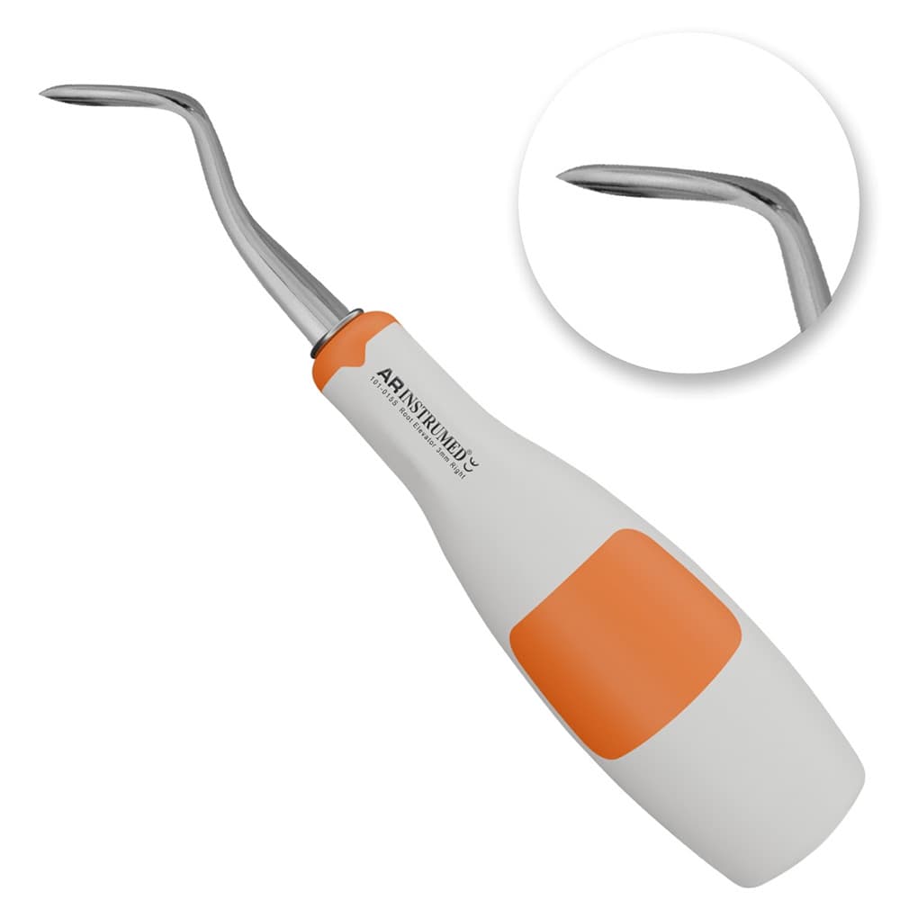 AR Instrumed Dental Flohr Root Elevator, 3mm Right Curved Tip, Medical Grade Stainless Steel, Silicone Handle, 1/Pk - AR INSTRUMED Dental Flohr Root Elevator, Medical Grade Stainless Steel Tooth Extraction Dentistry INSTRUMEDnt, Bein 3mm Right Curved Tip, Soft Silicone Green Handle, Root Separation Elevator - Image 1