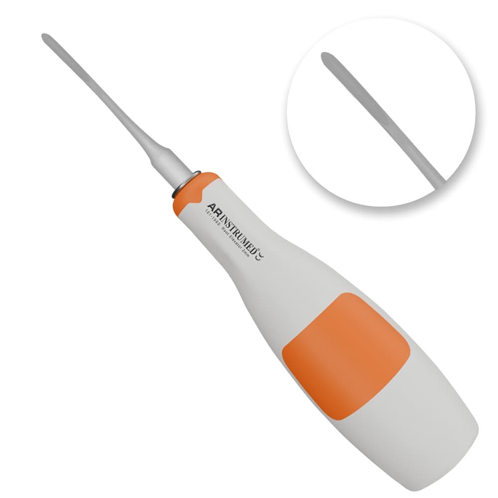 AR INSTRUMED Dental Root Elevator, 2mm Left Curved Bayonet Mesial, German Stainless Steel, Silicone Soft Grip Handle, Autoclavable, 1/Pk - AR Autoclavable Silicone Dental Bayonet Mesial Root Extraction Elevator 2mm Left Curved, German Stainless Steel, Light Orange Soft Grip, Tooth Extracting INSTRUMEDnt - Image 1