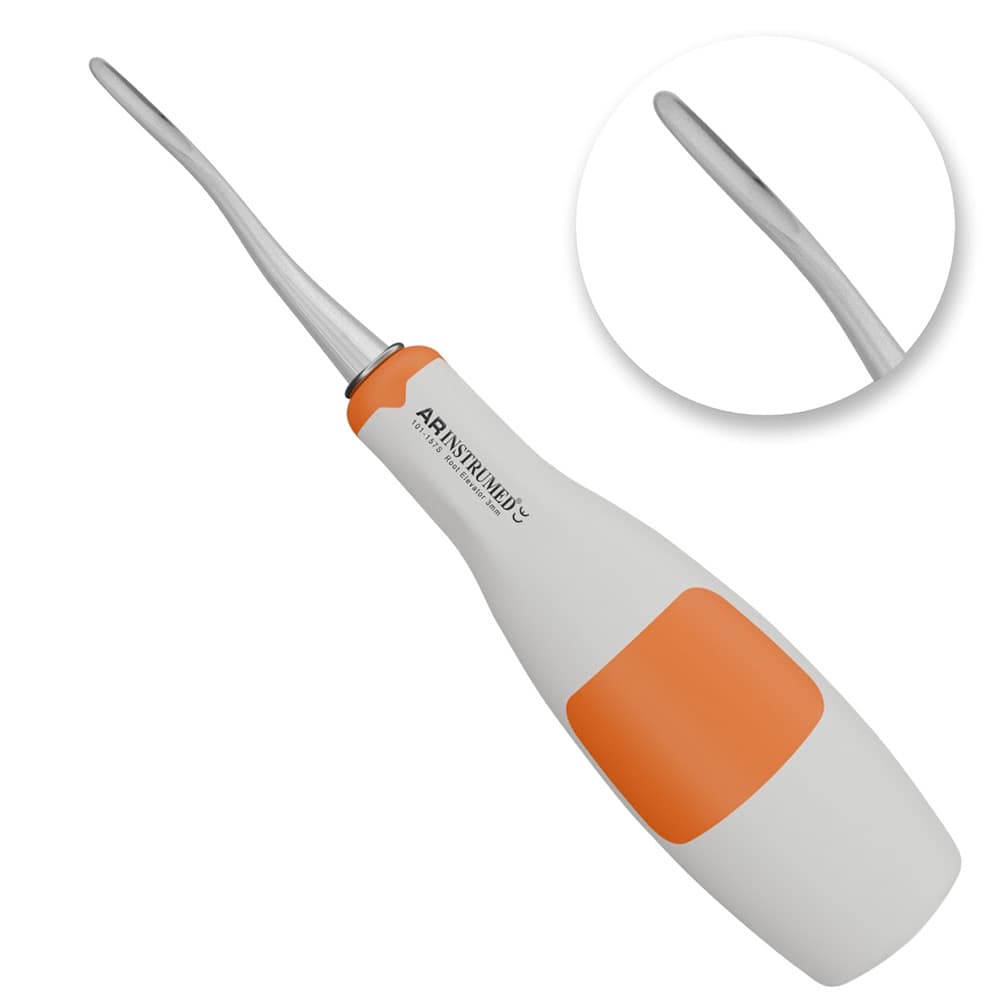 AR INSTRUMED Dental Root Elevator, 3mm Left Curved Bayonet Mesial, German Stainless Steel, Silicone Handle, Orange, 1/Pk - AR Autoclavable Silicone Dental Bayonet Mesial Root Extracting Elevator 3mm Left Curved, German Stainless Steel, Light Orange Soft Grip, Tooth Extracting INSTRUMEDnt - Image 1
