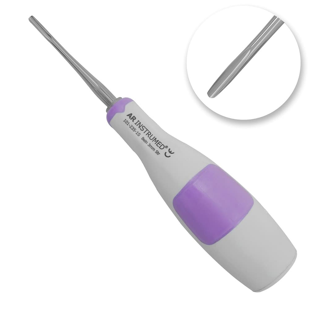 AR INSTRUMED Dental Root Elevator, Straight Bein 3mm Tip, Medical-Grade Stainless Steel, Soft Silicone Light Purple Handle, 1/Pk - AR INSTRUMED Dental Root Elevator Tool, Medical Grade Stainless Steel Tooth Extraction Dentistry INSTRUMEDnt, Straight Bein 3mm Tip, Soft Silicone Light Purple Handle, Root Separation Elevator - Image 1