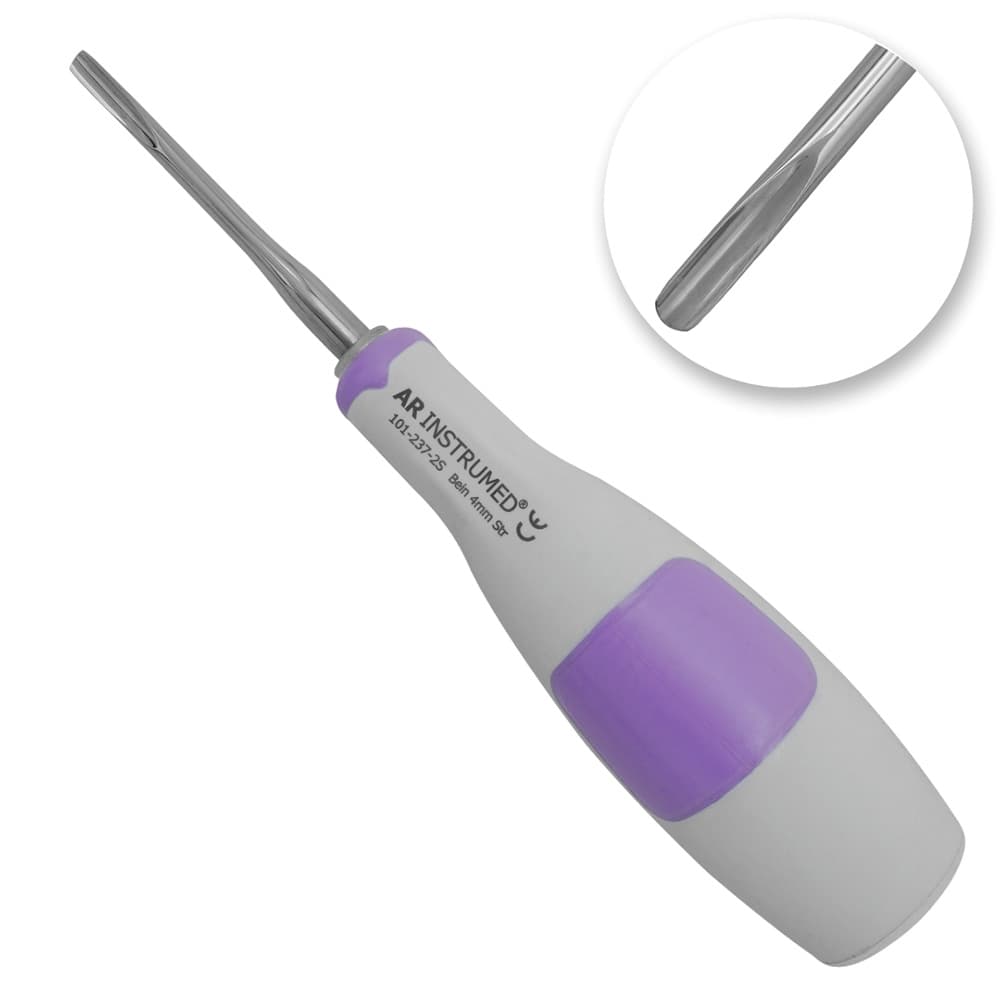 AR INSTRUMED Dental Root Elevator, Straight Bein 4mm Tip, Medical Grade Stainless Steel, Light Purple Silicone Handle, 1/Pk - AR INSTRUMED Dental Root Elevator Tool, Medical Grade Stainless Steel Tooth Extraction Dentistry INSTRUMEDnt, Straight Bein 4mm Tip, Soft Silicone Light Purple Handle, Root Separation Elevator - Image 1