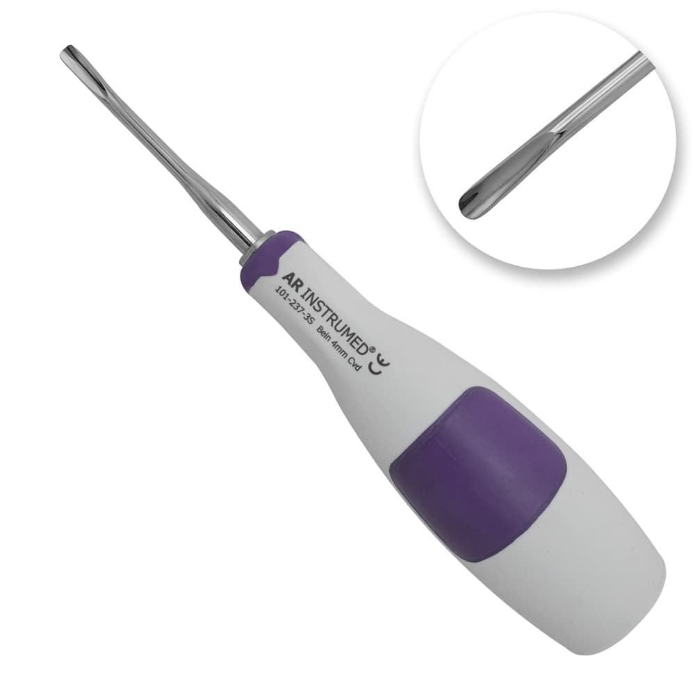 AR Instrumed 4.0mm Bein Stainless Steel Root Elevator, Curved, Purple Silicone Handle, 1/Pk - AR INSTRUMED Dental Root Elevator Tool, Medical Grade Stainless Steel Tooth Extraction Dentistry INSTRUMEDnt, Curved Bein 4mm Tip, Soft Silicone Purple Handle, Root Separation Elevator - Image 1