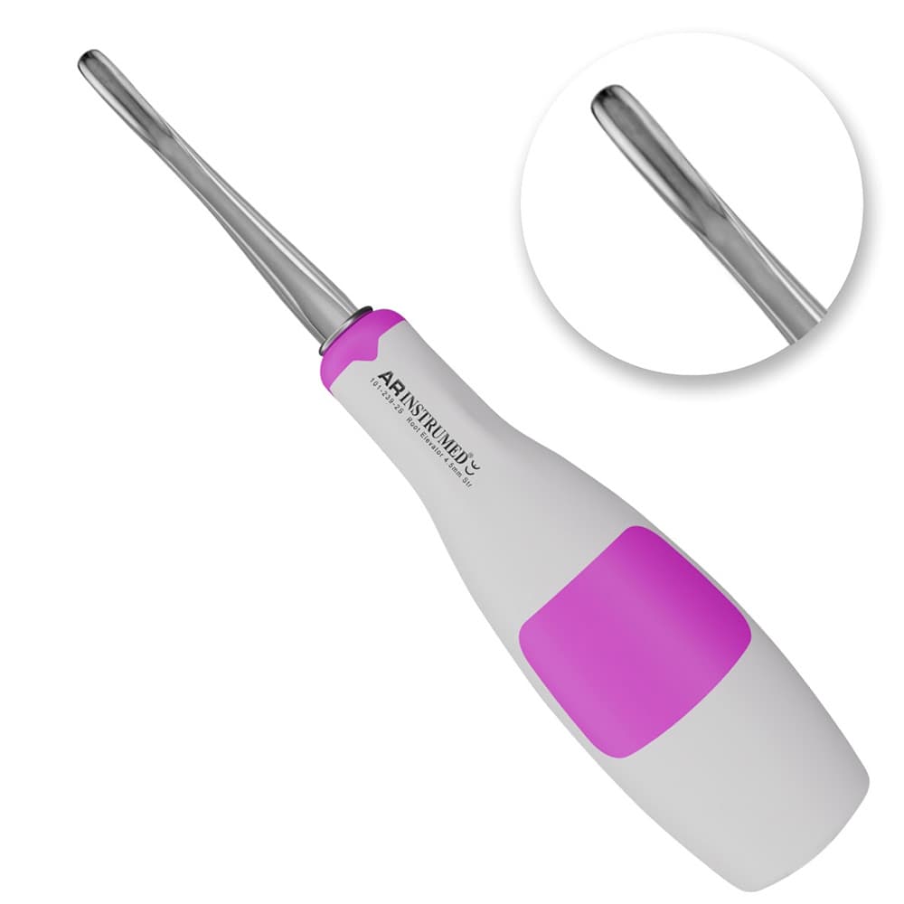 AR INSTRUMED Dental Root Elevator, Straight Bein 4.5mm Tip, Medical-Grade Stainless Steel, Light Purple Silicone Handle, 1/Pk - AR INSTRUMED Dental Root Elevator Tool, Medical Grade Stainless Steel Tooth Extraction Dentistry INSTRUMEDnt, Straight Bein 4.5mm Tip, Soft Silicone Light Purple Handle, Root Separation Elevator - Image 1