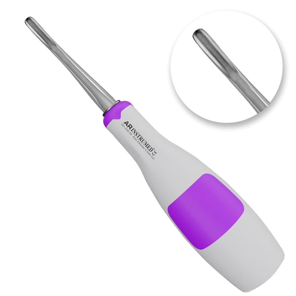AR Instrumed 4.5mm Bein Stainless Steel Root Elevator, Curved, Purple Silicone Handle, 1/Pk - AR INSTRUMED Dental Root Elevator Tool, Medical Grade Stainless Steel Tooth Extraction Dentistry INSTRUMEDnt, Curved Bein 4.5mm Tip, Soft Silicone Purple Handle, Root Separation Elevator - Image 1