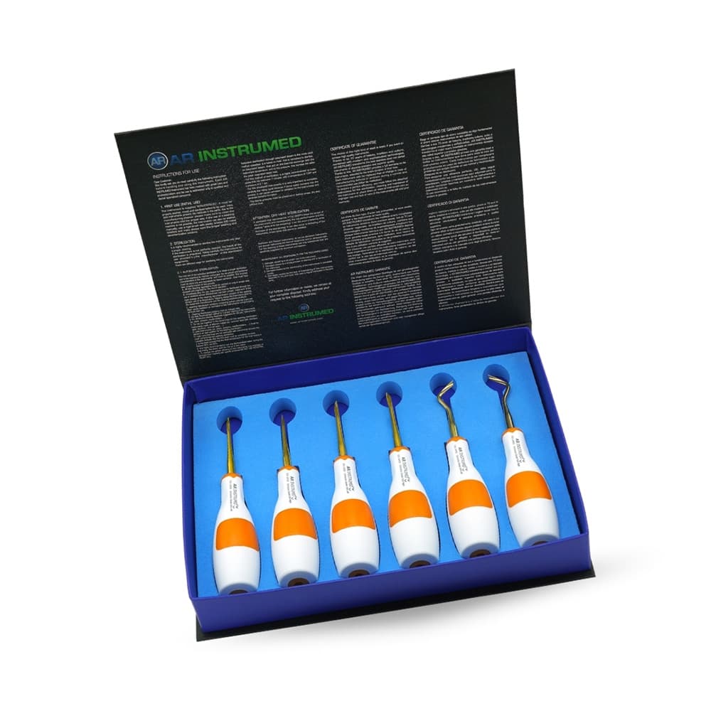 AR INSTRUMED 6-Piece Angular Dental Root Elevator Set, Left and Right, Stainless Steel with Plasma Gold Coated Tips, Orange Silicone Handles, Autoclavable - AR INSTRUMED 6 PCS Angular Dental Root Elevator Left and Right, Stainless Steel Plasma Gold Coated Tip, Surgical Root Extraction, Soft Silicone Handle, Oral Surgery INSTRUMEDnts - Image 1