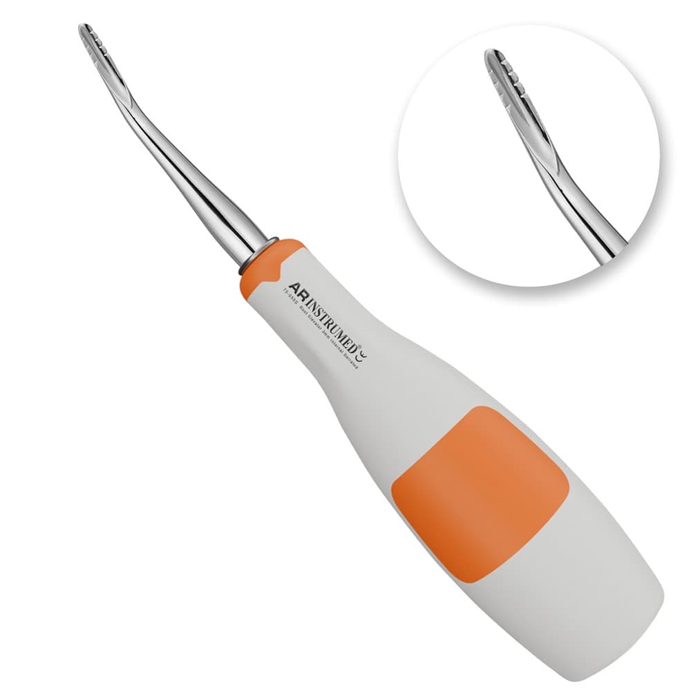 AR INSTRUMED Dental Root Extraction Elevator, Internal Serrated 3mm/3.5mm, German Stainless Steel, Light Orange Soft Grip, Autoclavable, 1/Pk - AR Autoclavable Silicone Dental Root Extraction Elevator Internal Serrated 3mm, German Stainless Steel, Tooth Extracting INSTRUMEDnt, Light Orange Soft Grip, Root Separation Elevator - Image 1