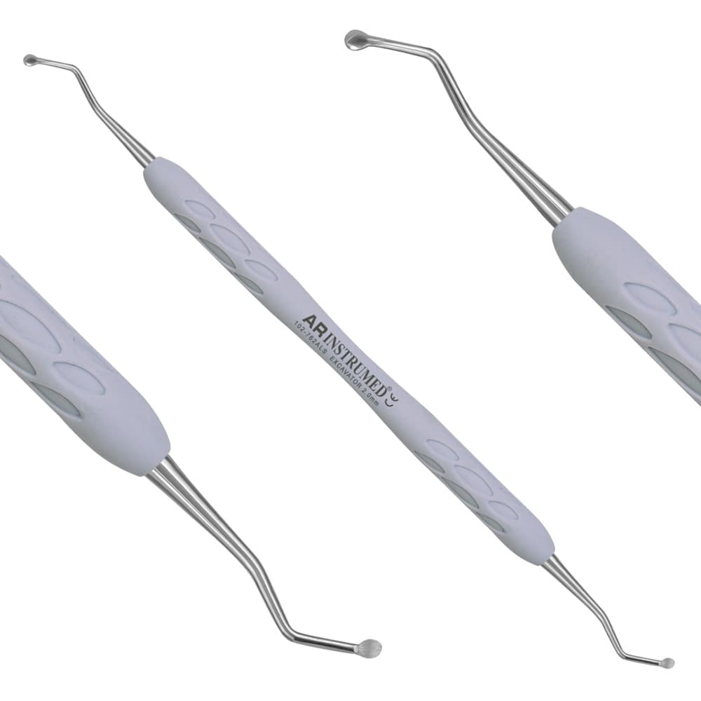 AR INSTRUMED Dental Round Excavator, 2.0mm Double-Ended, Stainless Steel, Light Grey Silicone Handle, 1/Pk - AR INSTRUMED Dental Round Excavator, Medical Grade Stainless Steel, 2.0mm Rounded shaped Tips, Double ended Lightweight design, Soft Silicone Light Grey Handle, Restorative Endodontic INSTRUMEDnt - Image 1