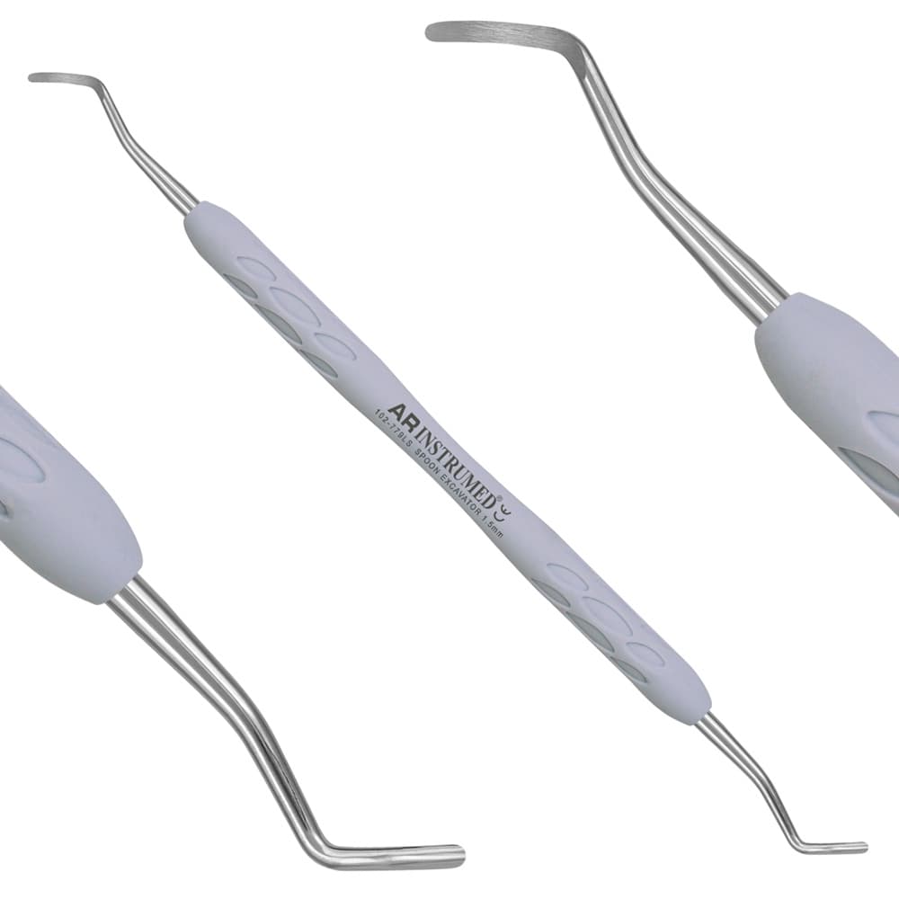 AR INSTRUMED Dental Spoon Excavator, 1.5mm, Double-Ended, Medical Grade Stainless Steel, Soft Silicone Light Grey Handle, 1/Pk - AR INSTRUMED Dental Spoon Excavator, Medical Grade Stainless Steel, 1.5mm Spoon Shaped Tip, Double ended Lightweight design, Soft Silicone Light Grey Handle, Restorative Endodontic INSTRUMEDnt - Image 1