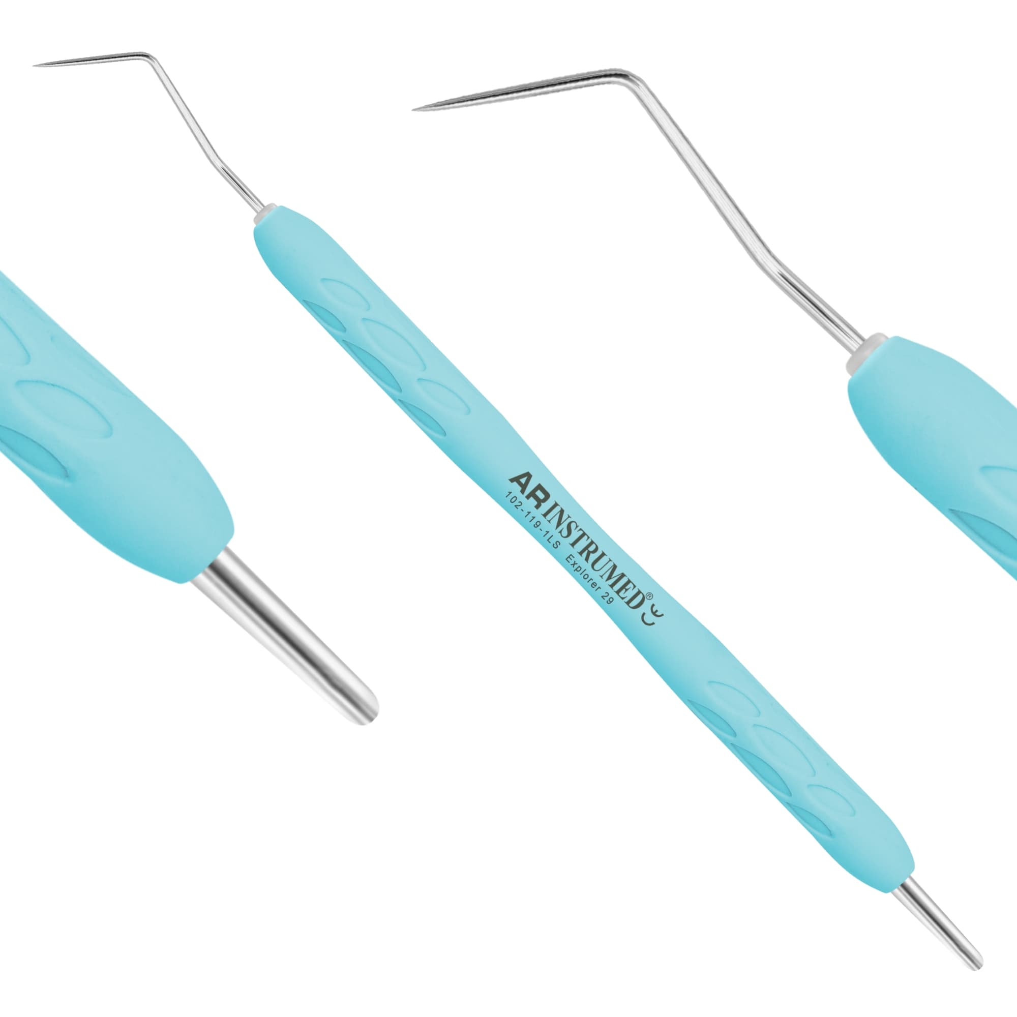 AR Instrumed #29 Dental Explorer, Single-Ended, Stainless Steel, Light Blue Silicone Handle, 1/Pk - AR INSTRUMED Dental Explorer 29, Medical Grade Stainless Steel, sharp curved Tip, Single ended lightweight Design, Soft Silicone Light Blue Handle, Perfects Periodontal Diagnostic INSTRUMEDnt - Image 1