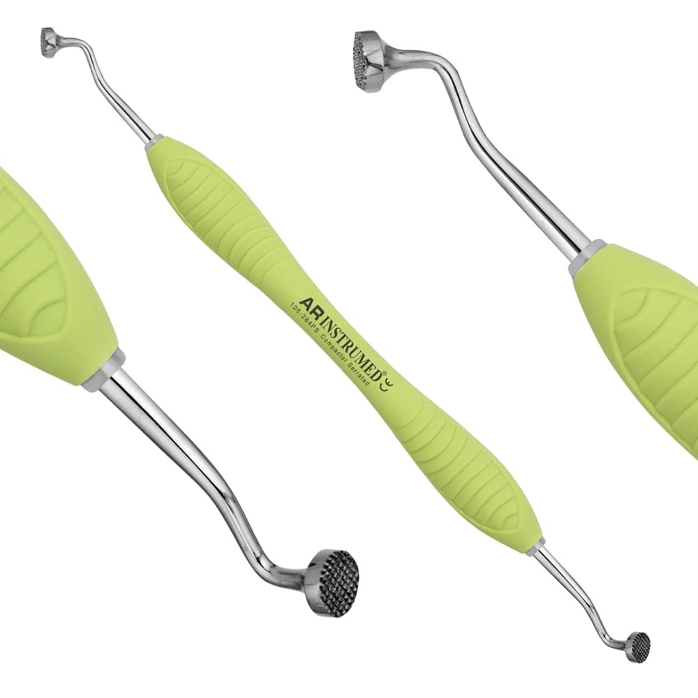 AR Instrumed Autoclavable Silicone Bone Compactors, Double-Ended, Serrated, Ø6mm/Ø8mm, Light Green Soft Grip, 1/Pk - AR Autoclavable Silicone Bone Compactors, German Stainless Steel, Double Ended Design, Composite Restorative Implant, Light Green Soft Grip - Image 1