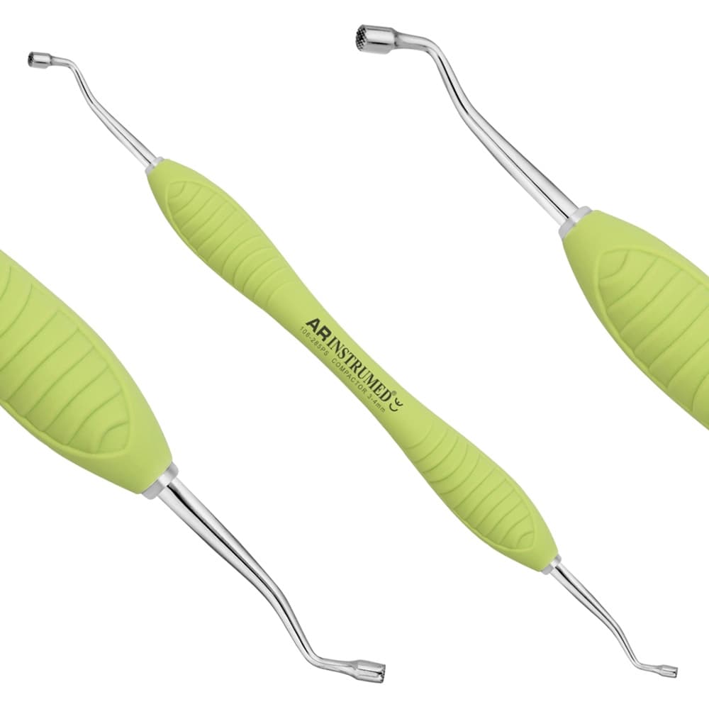 AR INSTRUMED Dental Bone Compactors, Medical Grade Stainless Steel, Ø3mm/4mm Serrated Curved Tip, Double-Ended, Soft Silicone Light Green Handle, 1/Pk - AR INSTRUMED Dental Bone Compactors, Medical Grade Stainless Steel, Ø3mm 4mm Serrated Curved Tip, Double Ended Design, Soft Silicone Light Green Handle, Composite Restorative Implant - Image 1