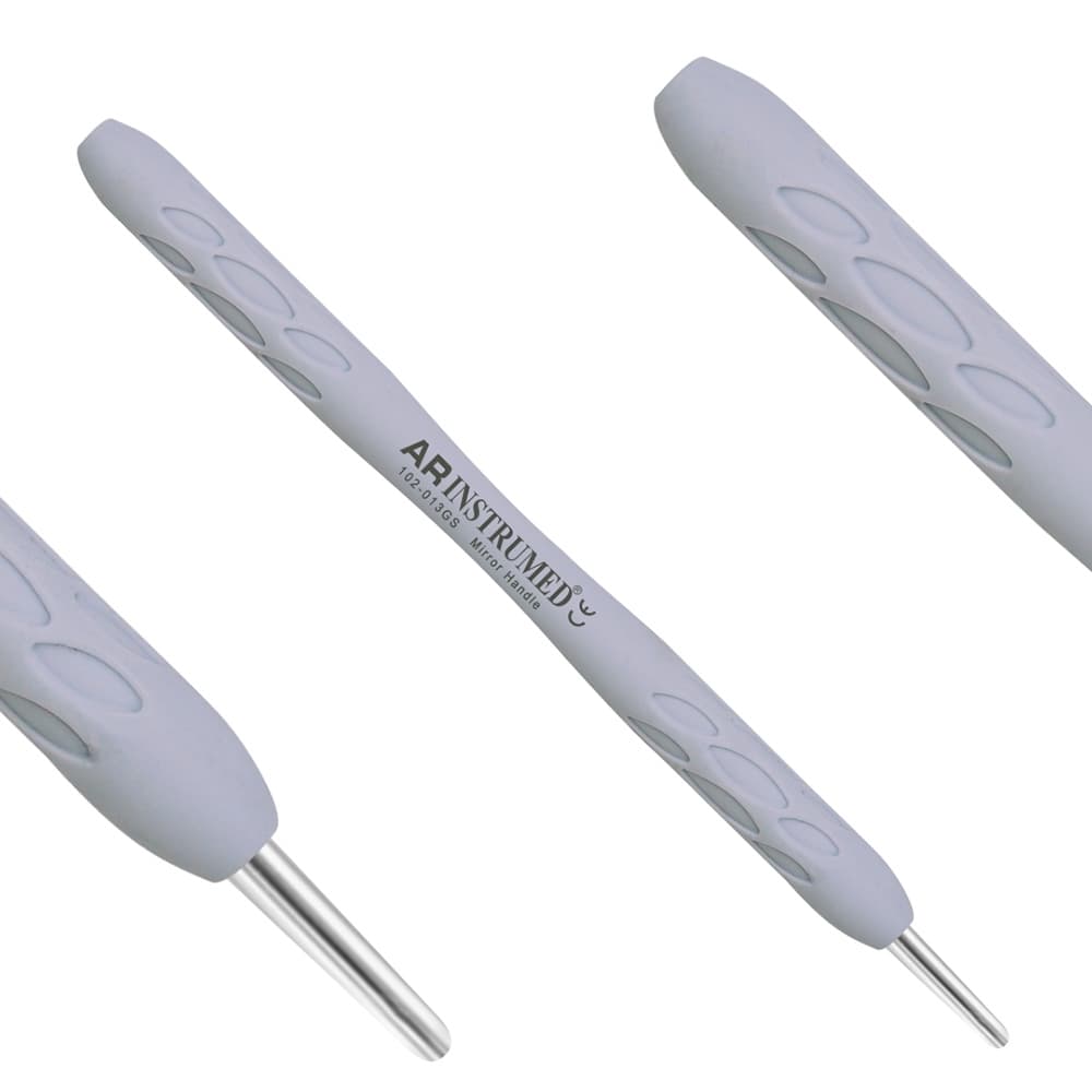AR INSTRUMED Dental Mirror Handle, Medical Grade Stainless Steel, Smooth Threaded Tip, Soft Silicone Light Grey Handle, 1/Pk - AR INSTRUMED Dental Mirror Handle, Medical Grade Stainless Steel, Smooth Threaded Tip, Soft Silicone Light Grey Handles, Perfects Dentists, Dental Exams, Hygiene Procedures - Image 1