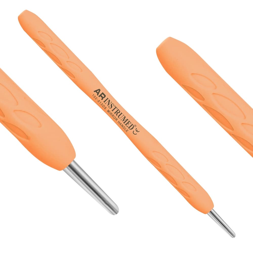 AR INSTRUMED Dental Mirror Handle, Medical Grade Stainless Steel, Fixed Threaded Tip, Soft Silicone Light Orange Handle, 1/Pk - AR INSTRUMED Dental Mirror Handle, Medical Grade Stainless Steel Dentist Teeth Cleaning Plaque Tool, Fixed Threaded Tip, Soft Silicone Light Orange Handles, Perfects Dentists, Dental Exams, Hygiene Procedures - Image 1