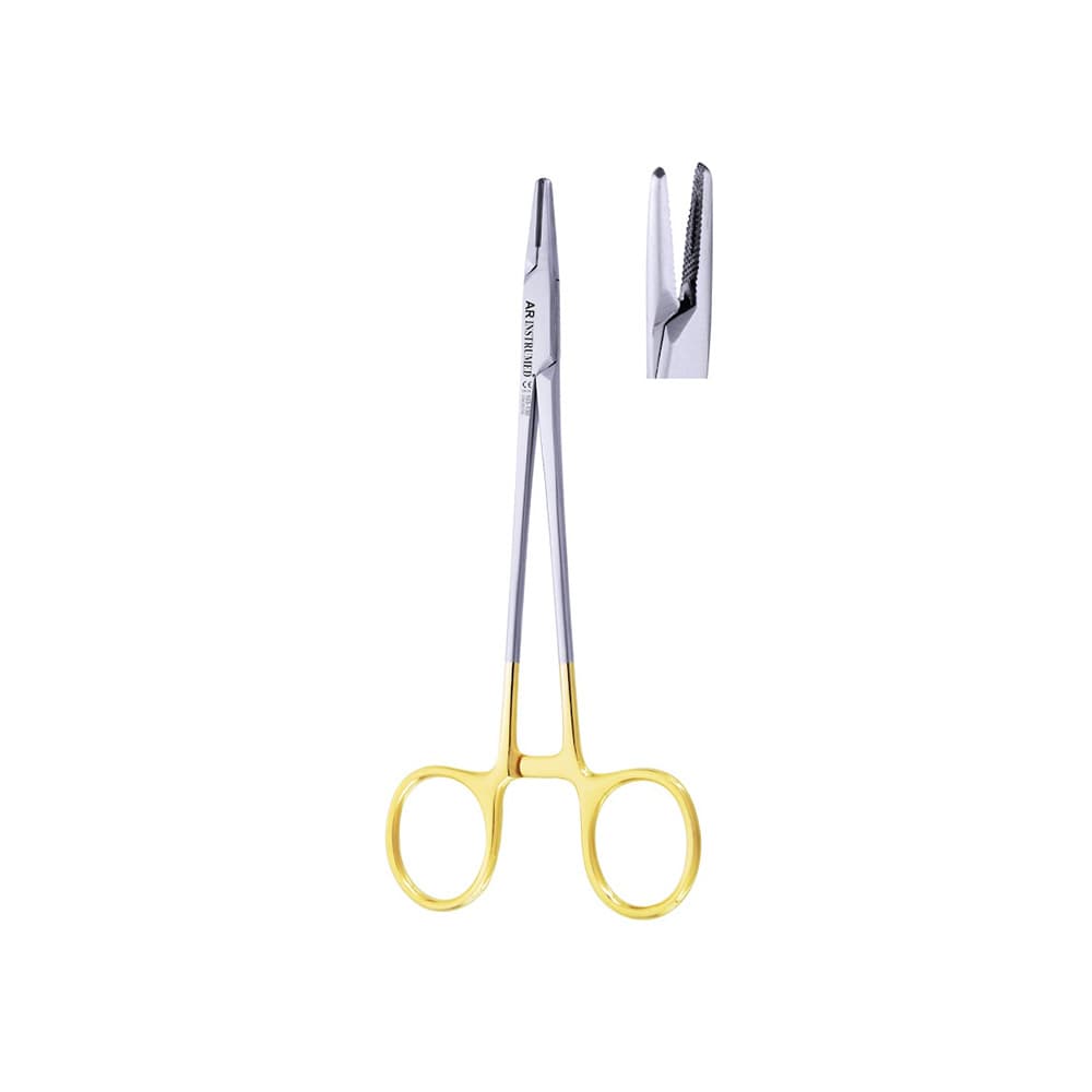 AR INSTRUMED Dental TC Mayo-Hegar Needle Holder, 5" Straight Serrated, Tungsten Carbide, Gold Handle, 1/Pk - AR INSTRUMED Dental TC Mayo-Hegar Needle Holder, Medical grade stainless steel, 5 inches Suture Driver, straight serrated tip, Non slip Gold handle, Locking Mechanism, Perfects Dentists - Image 1