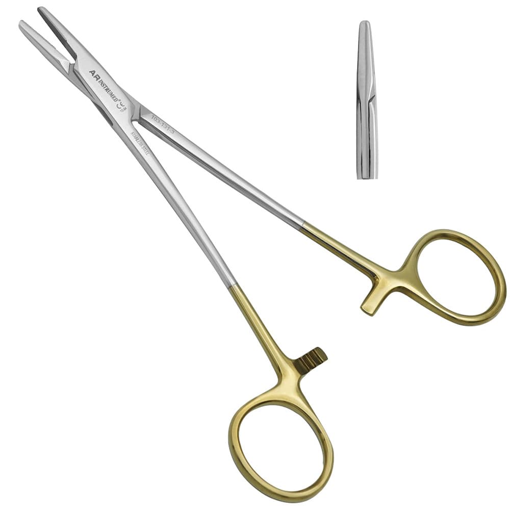 AR INSTRUMED TC Mayo-Hegar Needle Holder, 7", Gold Handle, 3-Lock, Tungsten Carbide Serrated Tip, 1/Pk - AR INSTRUMED TC Mayo Hegar Needle Holder 7" – Gold Handle, 3-Lock, TC Serrated Tip - Image 1
