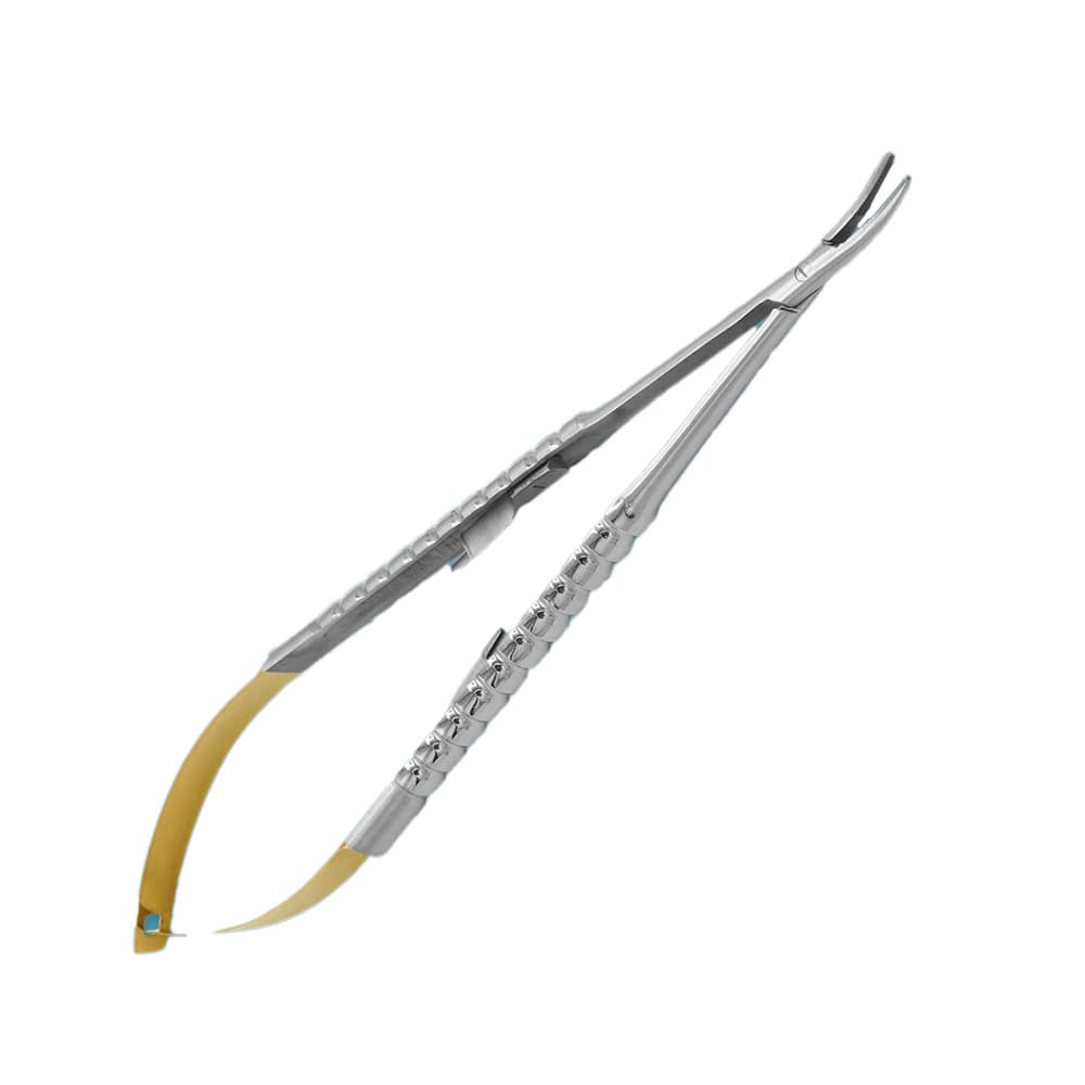 AR Instrumed Castroviejo Needle Holder, Tungsten Carbide, Curved Serrated Tip, 7", Gold Handle, 1/Pk - AR INSTRUMED Dental TC Castroviejo Needle Holder, Medical grade stainless steel, 7 inches Suture Driver, Curved serrated tip, Non slip Gold handle, Locking Mechanism, Perfects Dentists - Image 1