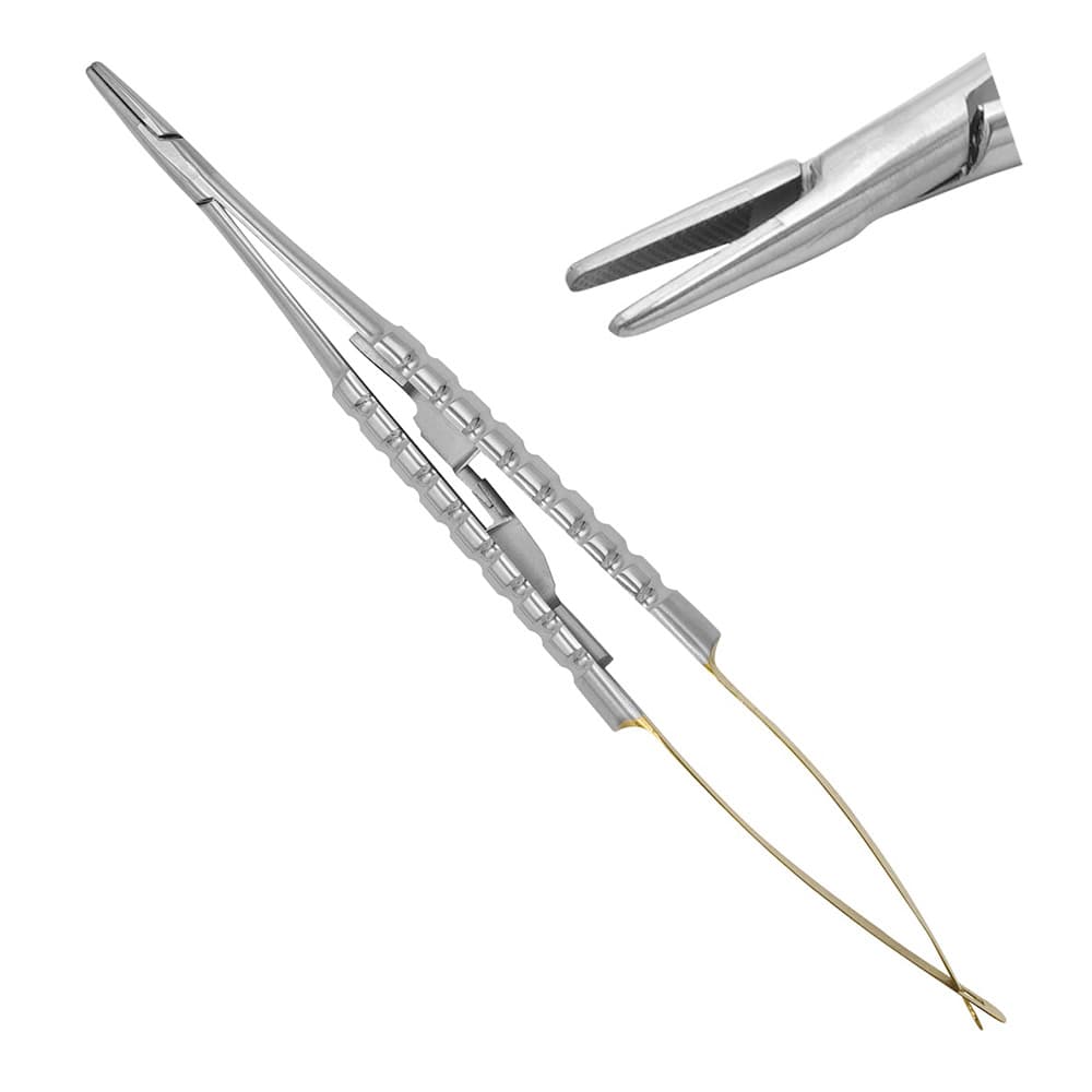 AR Instrumed Castroviejo Needle Holder, Tungsten Carbide, Straight Serrated, 5.5", Gold Handle, 1/Pk - AR INSTRUMED Dental TC Castroviejo Needle Holder, Medical grade stainless steel, 5.5 inches Suture Driver, straight serrated tip, Non slip Gold handle, Locking Mechanism, Perfects Dentists - Image 1