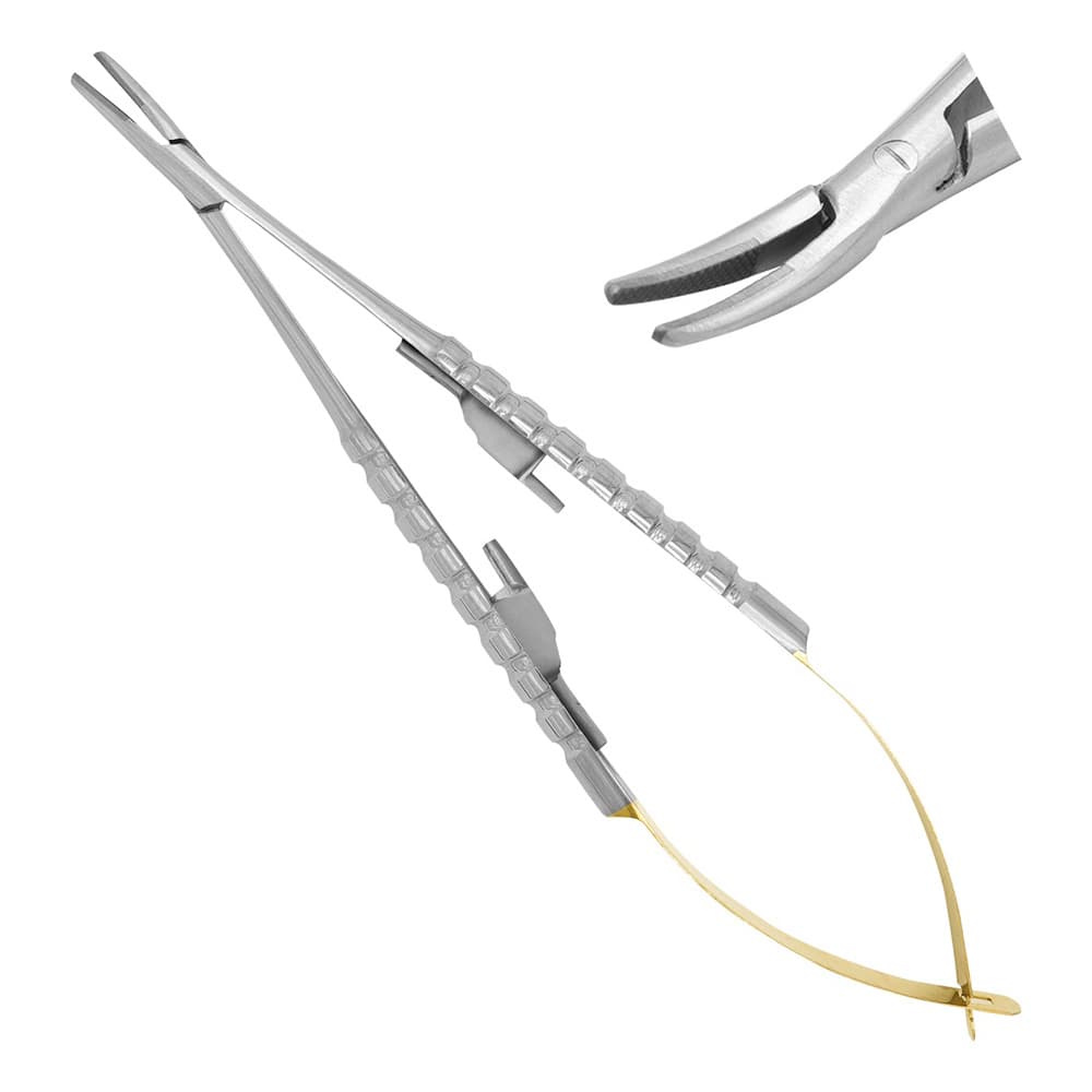 AR Instrumed Dental TC Castroviejo Needle Holder, 5.5", Tungsten Carbide, Curved Serrated Tip, Gold Handle, 1/Pk - AR INSTRUMED Dental TC Castroviejo Needle Holder, Medical grade stainless steel, 5.5 inches Suture Driver, Curved serrated tip, Non slip Gold handle, Locking Mechanism, Perfects Dentists - Image 1