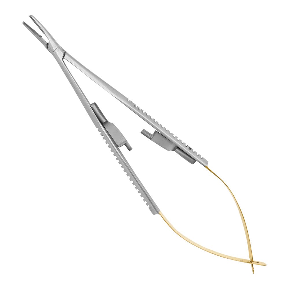 AR Instrumed Dental TC Castroviejo Needle Holder, Tungsten Carbide, Curved Serrated Tip, Gold Handle, 5.7", 1/Pk - AR INSTRUMED Dental TC Castroviejo Needle Holder, Medical grade stainless steel, 5.7 inches Suture Driver, Curved serrated tip, Non slip Gold handle, Locking Mechanism, Perfects Dentists - Image 1