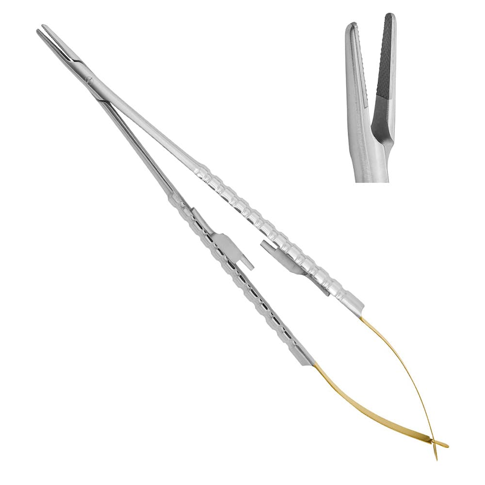 AR INSTRUMED Dental TC Castroviejo Needle Holder, 7" Stainless Steel, Tungsten Carbide, Straight Serrated Tip, Gold Handle, 1/Pk - AR INSTRUMED Dental TC Castroviejo Needle Holder, Medical grade stainless steel, 7 inches Suture Driver, Straight serrated tip, Non slip Gold handle, Locking Mechanism, Perfects Dentists - Image 1