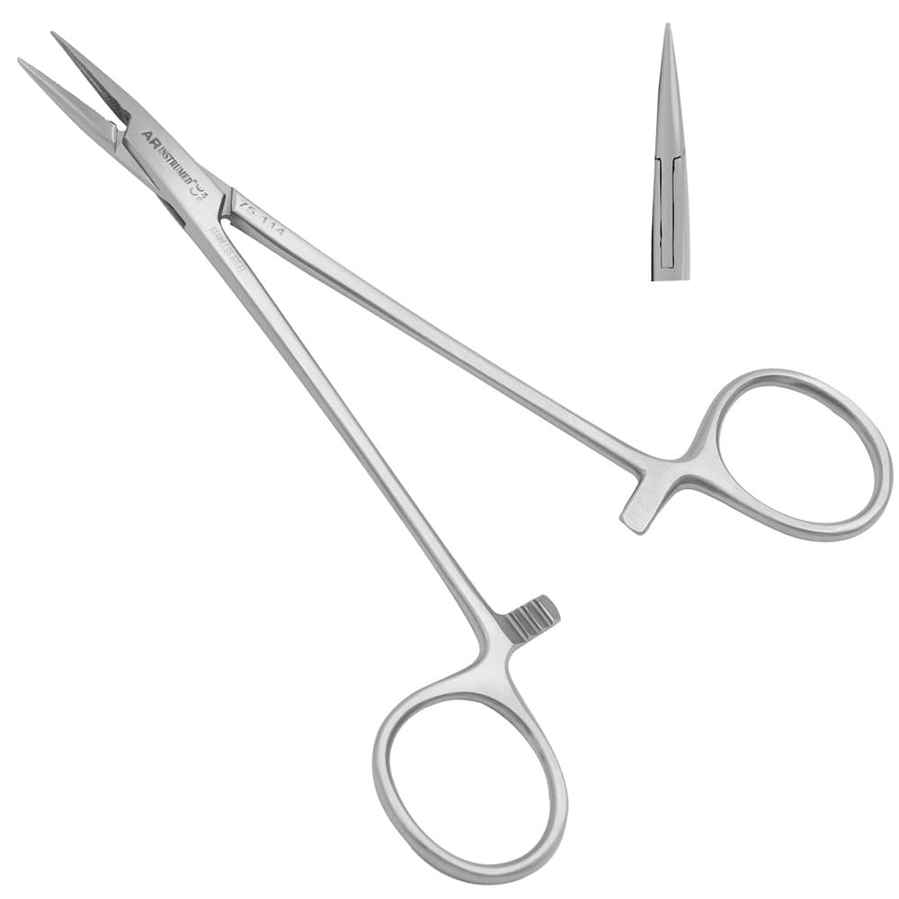 AR INSTRUMED Dental Micro Needle Holder, 5.5" Stainless Steel, Serrated Jaws, Ring Handle, 3 Locking Positions, 1/Pk - AR INSTRUMED Dental Micro Needle Holder, Medical grade stainless steel 5.5 inches Needle driver, Ring style handle, 3 locking Position, Narrow Tip, serrated jaws, Perfects doctors, Nurses, students - Image 1