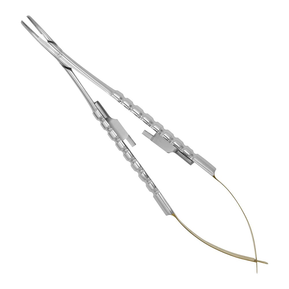 AR Instrumed Micro Castroviejo Needle Holder, 5.5", Tungsten Carbide, Curved Serrated Tip, Gold Handle, 1/Pk - AR INSTRUMED Dental Micro TC Castroviejo Needle Holder, Medical grade stainless steel, 5.5 inches Suture Driver, Curved serrated tip, Non slip Gold handle, Locking Mechanism, Perfects Dentists - Image 1