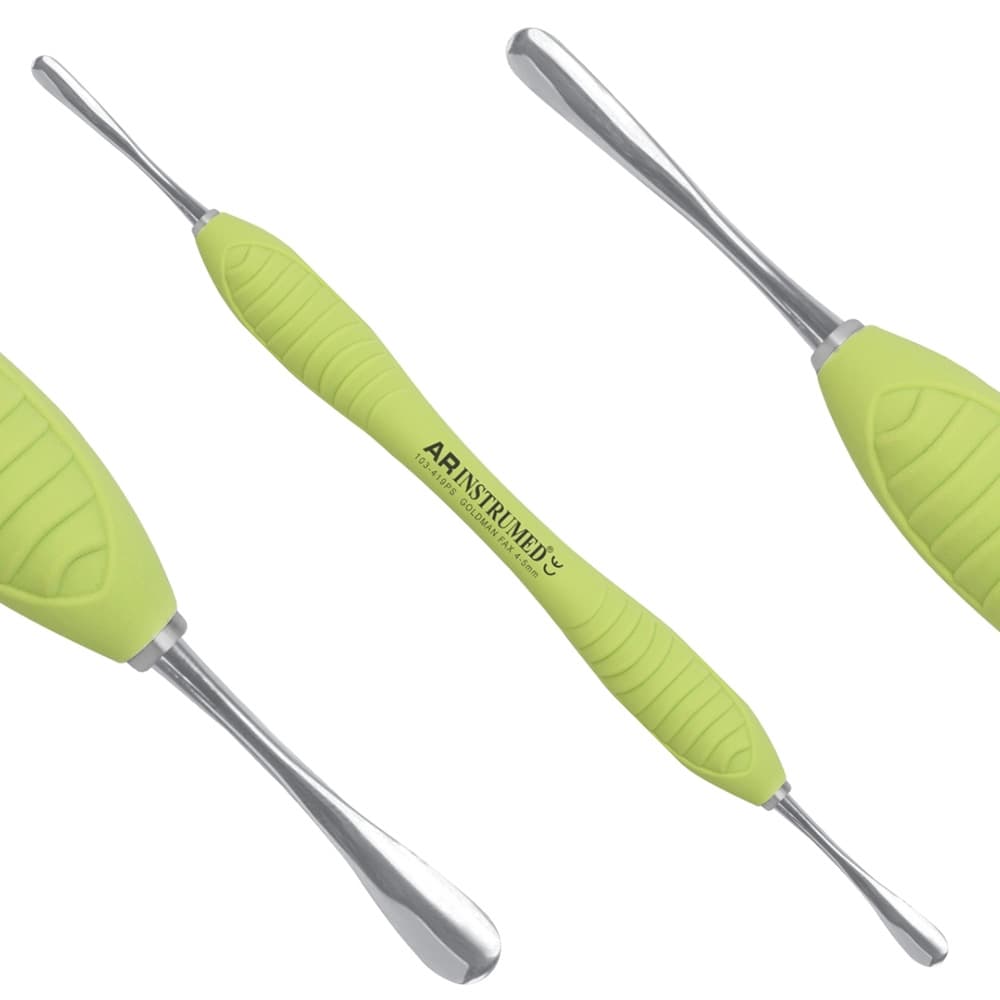 AR INSTRUMED Dental Goldman-Fox Periosteal Elevator, Double-Ended, 4mm-5.5mm Plasma-Coated Tip, Light Green Silicone Handle, 1/Pk - AR INSTRUMED Dental Goldman Fox Periosteal Elevator, Medical Grade Stainless Steel, 4mm-5.5mm Plasma coated Tip, Double ended design, Soft Silicone Light Green Handle, Composite Restorative Implant - Image 1
