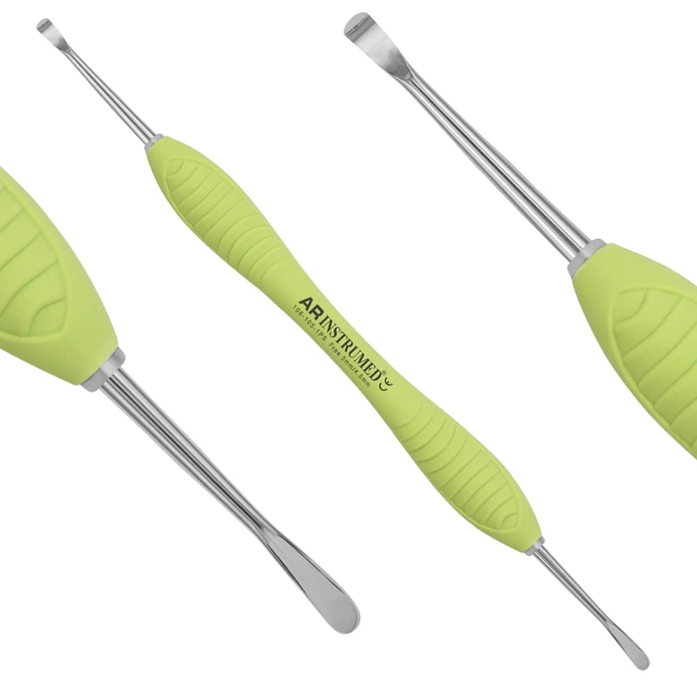 AR INSTRUMED Dental Periosteal Elevator Freer, Double-Ended, 5mm/4.5mm Plasma-Coated Tips, Medical-Grade Stainless Steel, Light Green Silicone Handle, 1/Pk - AR INSTRUMED Dental Periosteal Elevator Freer, Medical Grade Stainless Steel, 5mm-5mm Plasma coated Tip, Double ended design, Soft Silicone Light Green Handle, Composite Restorative Implant - Image 1