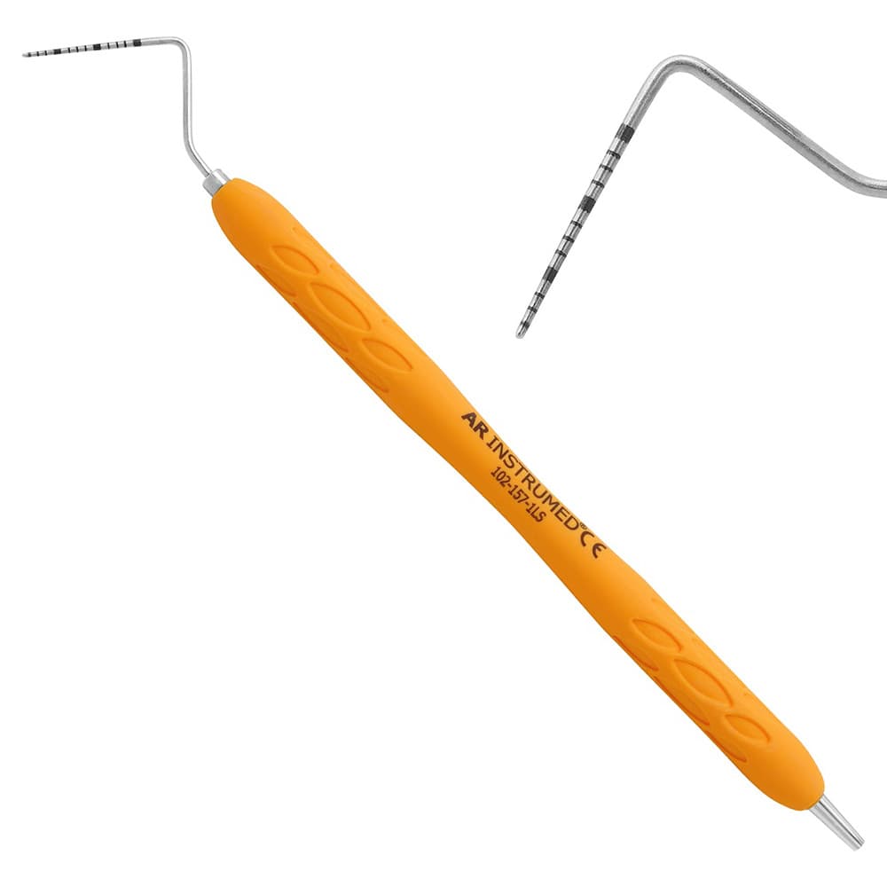 AR Instrumed CP-15 Periodontal Probe, Stainless Steel, Color-Coded 1-15mm Markings, Single-Ended, Light Orange Silicone Handle, 1/Pk - AR INSTRUMED Dental CP 15 Probe, Medical Grade Stainless Steel, Color Coded Marking Tip, Single ended Design, Soft Silicone Light Orange Handle, Perfects Periodontal Diagnostic INSTRUMEDnt - Image 1