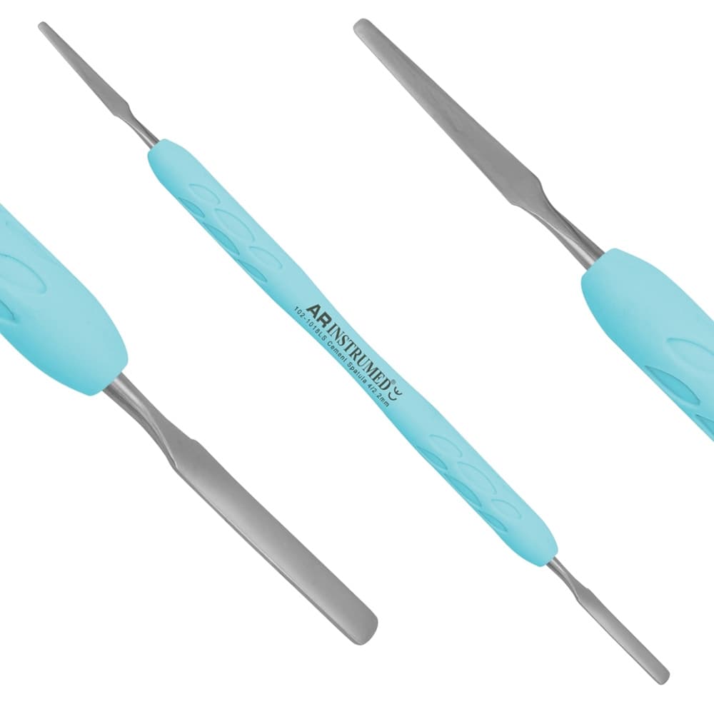 AR INSTRUMED Dental Cement Spatula, Stainless Steel, Double-Ended, Flexible 4/2.2mm Tip, Blue Silicone Handle, 1/Pk - AR INSTRUMED Dental Cement Spatula, Stainless Steel, Flexible 4/2.2mm Tip, Double Ended - Image 1