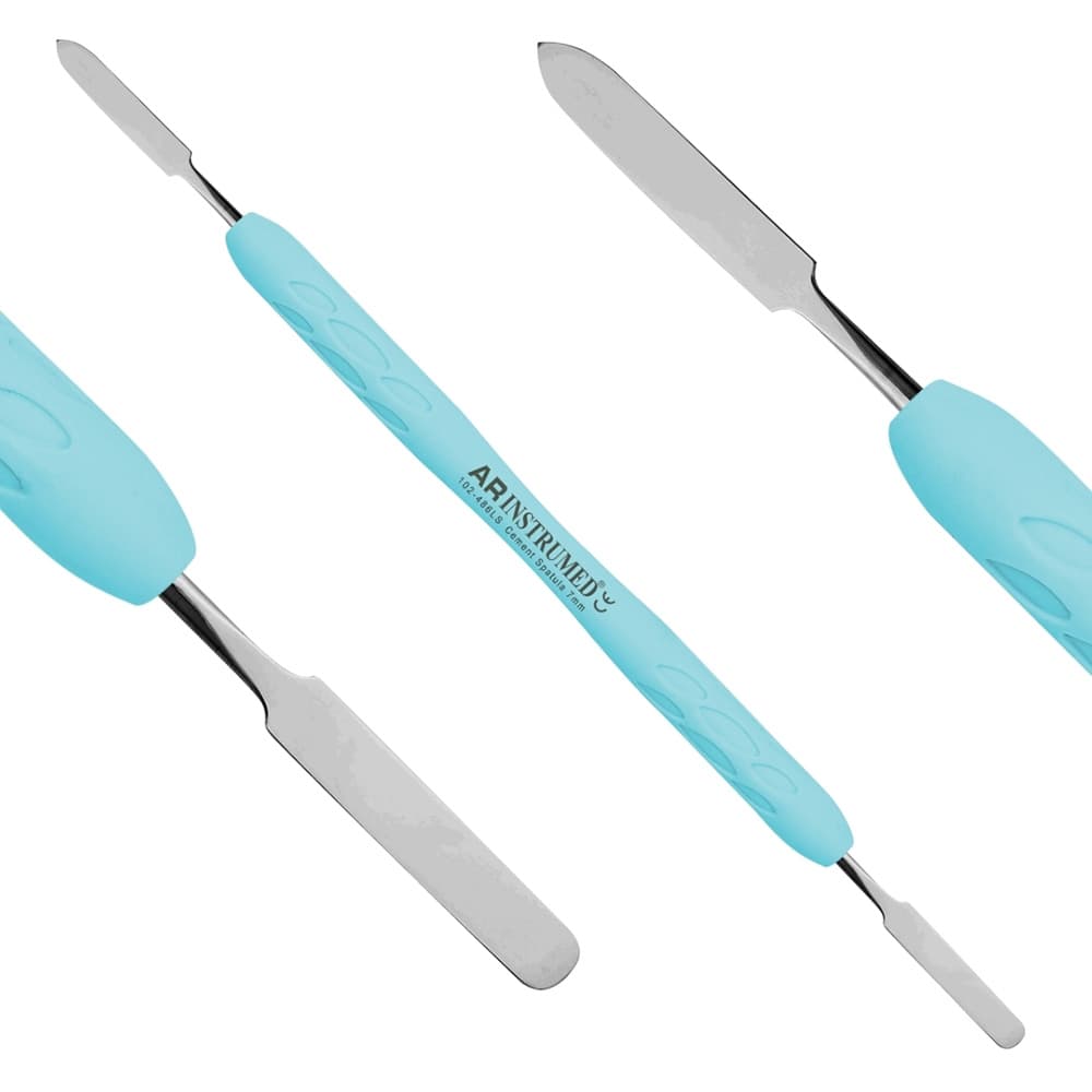 AR INSTRUMED Dental Cement Spatula, Stainless Steel, Flexible 7mm Tip, Double Ended, Blue Silicone Handle, 1/Pk - AR INSTRUMED Dental Cement Spatula, Stainless Steel, Flexible 7mm Tip, Double Ended - Image 1