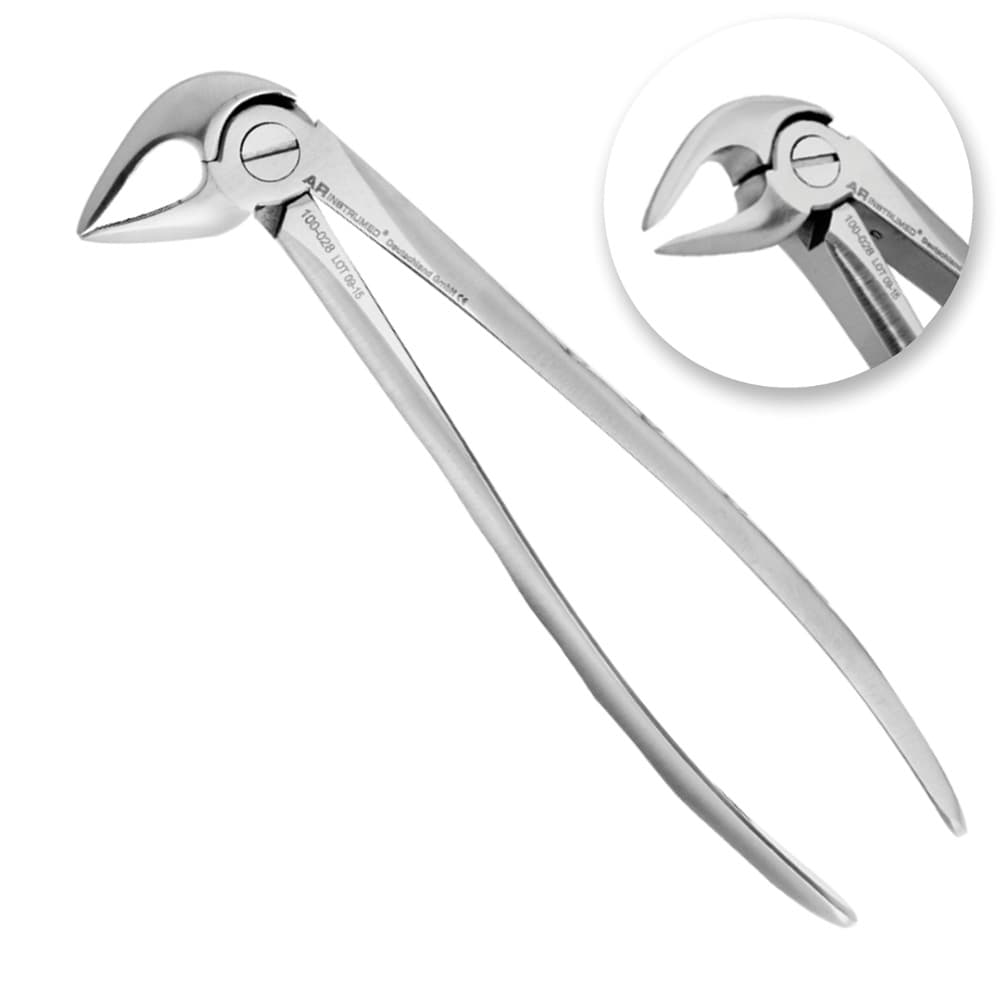 AR Instrumed Adult Lower Roots Extracting Forceps, Fig 33, Medical-Grade Stainless Steel, Curved Serrated Tips, Hollow Python Grip, 6", 1/Pk - AR INSTRUMED Adults Lower Roots Extracting Forcep, Medical grade stainless steel, Hollow Python Grip Handle, Angle Curved Tip, Thin serrated jaw, Lower Down Crown Roots Extraction Tool, Fig 33 - Image 1