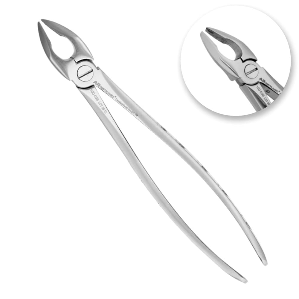 AR INSTRUMED Upper Premolar Extracting Forceps, Fig 35, Medical Grade Stainless Steel, Long Curved Tip, Serrated Jaws, 1/Pk - AR INSTRUMED Adults Upper Premolar Extracting Forcep, Medical grade stainless steel, Hollow Python Grip Handle, Long Curve Tip, Thin serrated jaw, gripping Bicuspid depth Extraction Tool, Fig 35 - Image 1