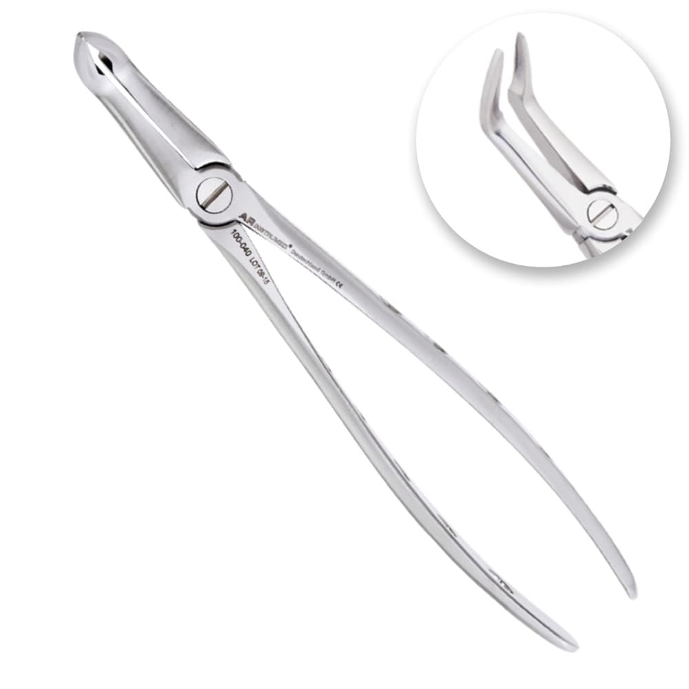 AR Instrumed #46L Adult Lower Roots Extraction Forceps, Long Curved Serrated Jaws, German Stainless Steel, Hollow Python Grip, 1/Pk - AR Autoclavable Adults Lower Roots Extracting Forcep Fig 46L – German Stainless Steel, Hollow Python Grip Handle, Long Curved Serrated Jaws - Image 1