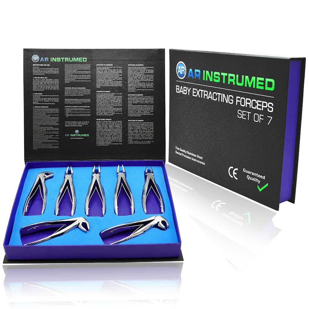 AR INSTRUMED Pediatric Dental Extraction Forceps Set, 7 Pieces, Stainless Steel, for Children's Primary Teeth - AR INSTRUMED Dental forceps set of 7 Pieces for Children tooth Extraction, children’s dental INSTRUMEDnts, baby’s Upper & lower incisors, kid’s tooth extraction forceps - Image 1