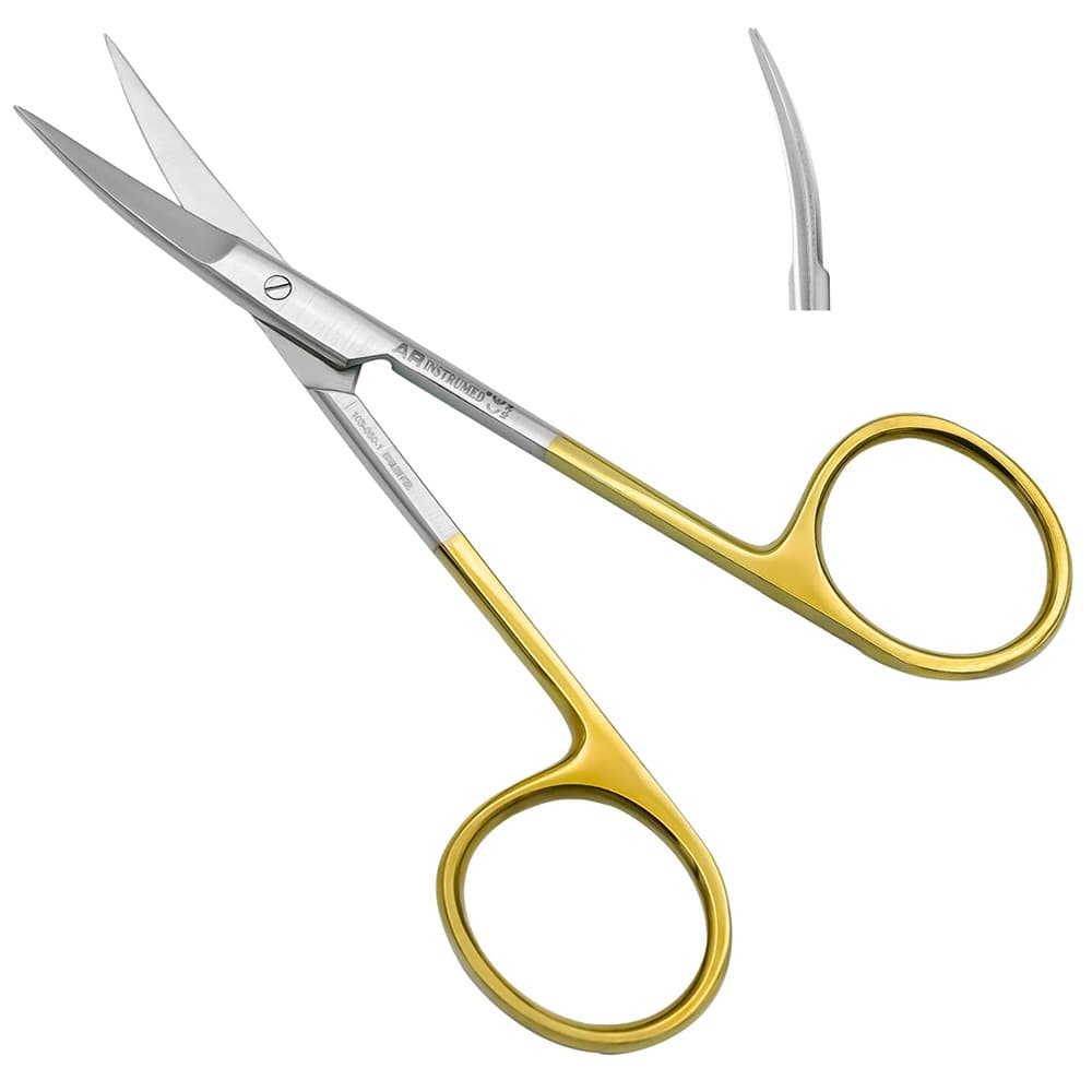 AR INSTRUMED TC Iris Scissors, Stainless Steel 4.5", Curved, Fine Tip, Tungsten Carbide, Gold Rings - AR INSTRUMED TC Iris Scissors, Stainless Steel 4.5", Curved, Fine Tip, Tungsten Carbide, Gold Rings - Image 1