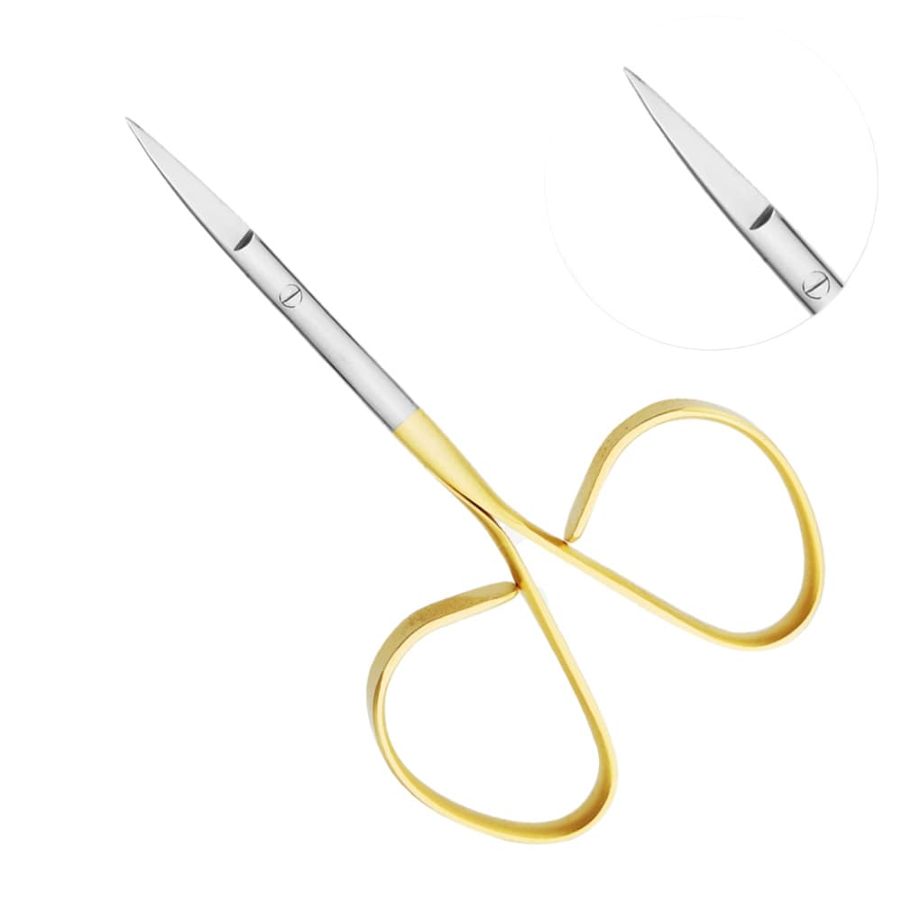 AR INSTRUMED Micro Iris TC Curved Scissor, 4 Inch, Tungsten Carbide Tip, One Serrated Blade 30mm, Ribbon Style Ring Handle, 1/Pk - AR INSTRUMED Micro Iris TC curved Scissor, Medical Grade Stainless Steel 4 Inch, Ribbon Style Ring Handle, Tungsten Carbide Tip, One Blade Slightly Serrated 30mm, Perfects Doctors, Nurses, Students - Image 1