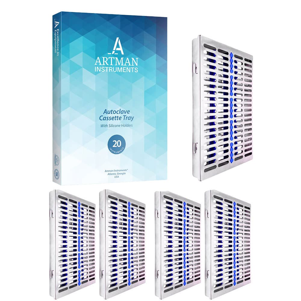 Artman Instruments Stainless Steel Sterilization Cassette Tray, 11.25" x 7.25" x 1.25", Holds 20 Instruments, 5/Pk - Artman Instruments 11.25" x 7.25" x 1.25" Stainless Steel Sterilization Cassette Tray, 20 Instruments, 5/Pk - Image 1