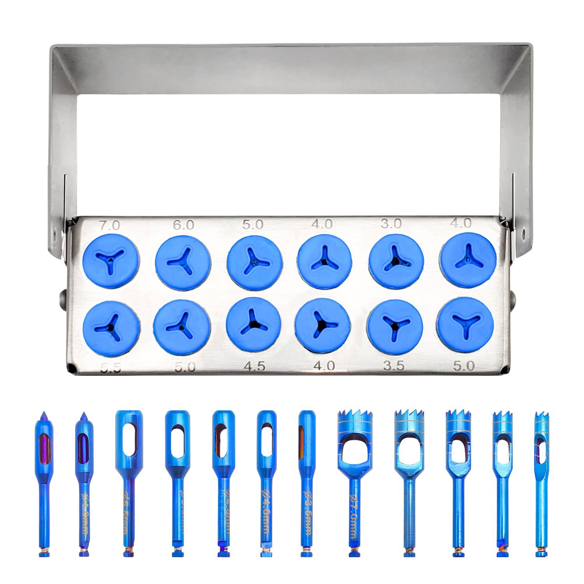 Artman Instruments Dental Trephine Set, 12/Pk, 5 Titanium-Coated Trephines (3,4,5,6,7 mm) & 7 Tissue Punches (3.5,4,4.5,5,5.5 mm) - Artman Instruments Dental Trephine Set, 12/Pk - Image 1