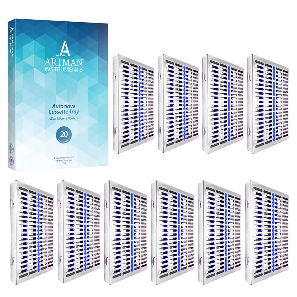 Artman Instruments Stainless Steel Sterilization Cassette Tray, 11.25" x 7.25" x 1.25", Holds 20 Instruments, 10/Pk - Artman Instruments 11.25" x 7.25" x 1.25" Stainless Steel Sterilization Cassette Tray, 20 Instruments, 10/Pk - Image 1