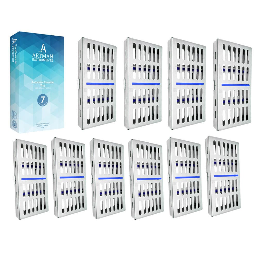 Artman Instruments Stainless Steel Sterilization Cassette Tray, 7.25" x 3.5" x 1", Holds 7 Instruments, 10/Pk - Artman Instruments 7.25" x 3.5" x 1" Stainless Steel Sterilization Cassette Tray, 7 Instruments, 10/Pk - Image 1
