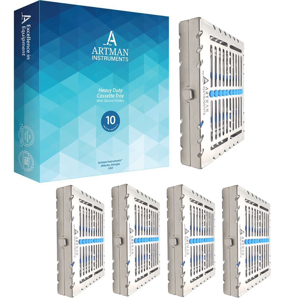 Artman Instruments Stainless Steel Sterilization Cassette Tray, 7.25" x 5.75" x 1.4", Holds 10 Instruments, 5/Pk - Artman Instruments 7.25" x 5.75" x 1.4" Stainless Steel Sterilization Cassette Tray, 10 Instruments, 5/Pk - Image 1